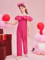 SHEIN Kids FANZEY Tween Girls' Knitted Solid Color Patchwork Woven Solid Color Spaghetti Strap Loose Elegant Jumpsuit