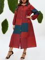 Plus Size Lantern Sleeve Contrast Color Shirt Dress