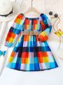 SHEIN Kids HYPEME Little Girls' Mid-length Square Printed Dress With Square Neckline, Pleated Waist And Belt For Autumn