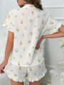 Floral Print Ruffle Trim PJ Set