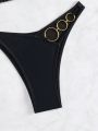 SHEIN Swim SXY Women'S Solid Color V-Neck Halter Ring Bikini Swimsuit Set