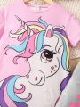 SHEIN Kids QTFun Little Girls' Unicorn Printed Short Sleeve T-shirt And Long Pants Set