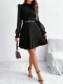 SHEIN Frenchy Mesh Tufted Stand Collar Dress With Ruffle Long Sleeves