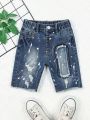 Toddler Boys' Sand Blasting + Printing And Dyeing + Distressed + Embroidered Denim Shorts