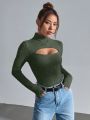 SHEIN Clasi Cut Out Front Turtleneck Ribbed Knit Bodysuit