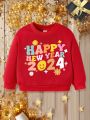 Baby Girls' Casual 2024 New Year Pattern Long Sleeve Round Neck Pullover Sweatshirt, Suitable For Autumn And Winter