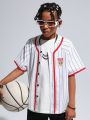 SHEIN Tween Boys' Casual Basketball Themed Striped Print Shirt