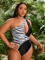 SHEIN Swim SXY Plus Size Zebra Pattern One Shoulder Cutout Monokini Swimsuit