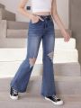 Tween Girls New Casual Fashionable Slimming Distressed Washed Denim Flare Pants With Multiple Matches, Summer