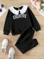 SHEIN Kids CHARMNG Toddler Girls' Casual Long Sleeve Colorblock Collar Sweatshirt And Pants Set For Fall/Winter