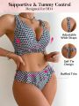 SHEIN DD+ Women'S Two Tone Gingham Ruffle Hem Two Piece Swimsuit Set