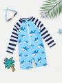 SHEIN Baby Boy Cute Ocean Shark Pattern Patchwork Striped One-Piece Swimwear For Holidays