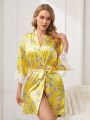 Women's Floral Printed Lace Patchwork Robe