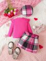 Baby Girls' Solid Color Long Sleeve Top & Plaid Skirt & Hat 3pcs Outfit For Autumn/winter