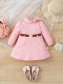 Baby Girls' Lovely Elegant Grid Pattern Long Sleeve Dress With Bowknot