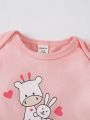 SHEIN Baby 1pc Cartoon Graphic Bodysuit & 1pc Footed Jumpsuit & 1pc Headband & 1pair Gloves & 1pc Bib