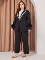 Plus Size Fuzzy Trim Contrast Trim Single-button Blazer And Trousers Set