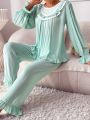 Contrast Lace Ruffle Trim Flounce Sleeve PJ Set