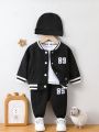 Baby Boy Letter Graphic Striped Trim Varsity Jacket & Pants & Hat