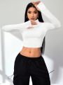 SHEIN Daily&Casual White Stand Collar Cropped Sweatshirt