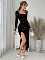 SHEIN Privé Elegant Velvet Dress With Hot Drilling For Valentine'S Day, New Year'S Day And Christmas Day