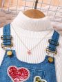 Young Girl Heart & Letter Embroidery Denim-Effect Print Overall Dress Without Sweater