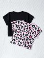 SHEIN Kids QTFun Tween Girls' Round Neck Cartoon Leopard Print Shoulder Off Short Sleeve Knitted Comfortable T-Shirt 2pcs/Set