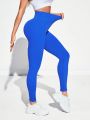 Yoga Trendy Ladies' Seamless Wide Waistband Leggings - Blue