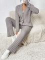 SHEIN Essnce 2pcs/set Ribbed Solid Knitted Sweater Cardigan Set