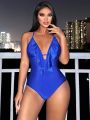 SHEIN Swim Chicsea Deep V-neck Ruffle Trim One-piece Bikini Swimsuit