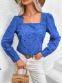 SHEIN Frenchy Vacation Square Neck Long Sleeve Burnout Floral Embroidery T-Shirt