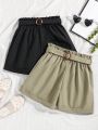 SHEIN Kids FANZEY Tween Girls Casual Set With Belted Shorts