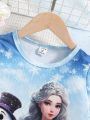 SHEIN Kids QTFun Toddler Girls' Lovely Snowman Princess & Snowflake Print T-shirt