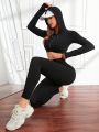 Yoga Trendy Women's Hooded Jacket With Drawstring And Leggings Sports Set