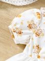Baby Girl's Lovely Bee Print Bubble Sleeve Princess Dress With Bow Headband For Summer