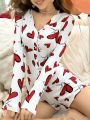 Women's Heart Printed Button Front Romper Pajamas