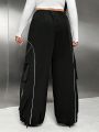 SHEIN ICON Plus Size Color-blocking Elastic Waist Reflective Hem Wide Leg Pants