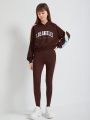 SHEIN Teenage Girls' Knit Patchwork Letter Printed Hoodie And Skinny Pants Casual 2pcs Outfits