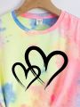 Tween Girls' Casual Simple Tie-Dye Heart Pattern Short Sleeve Round Neck T-Shirt, Suitable For Summer