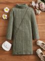 SHEIN Kids EVRYDAY Young Girl Turtle Neck Ribbed Knit Dress