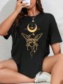 Women's Plus Size Butterfly & Moon Printed Round Neck Short Sleeve T-shirt