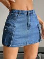 SHEIN EZwear Flap Pocket Denim Skirt