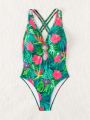 SHEIN Swim Summer Beach Tropical Printed Hollow Out One-Piece Swimsuit