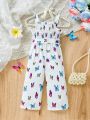 SHEIN Baby Girl Cute Butterfly Pattern Print Woven Straps Jumpsuit With Chest Ruffle And Long Pants