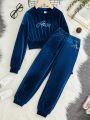 SHEIN Kids KDOMO Tween Girls Loose Fit Academy Letter Rhinestone Velvet Top And Pants Two-Piece Set