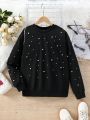 SHEIN Kids Cooltwn Teen Girls' Elegant Pearl Studded Pullover Sweatshirt
