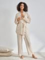SHEIN Leisure Solid Color Belted Casual Homewear Set