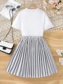 Teenage Girls' Letter Print Top And Solid Color Pleated Skirt