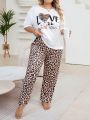 Plus Size Women'S Slogan Printed Short Sleeve And Leopard Print Pants Casual Pajama Set