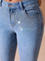 SHEIN BAE Rhinestone Decor Slim Fit Jeans